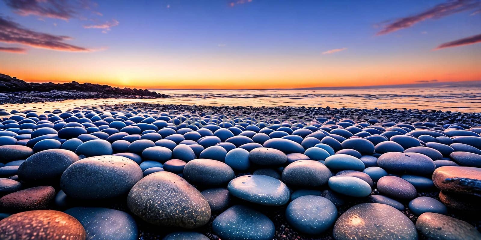 A serene pebble beach glows under the warm hues of the setting sun. Generative AI. by GoodOlga