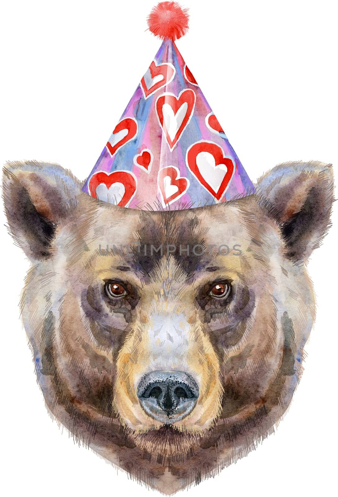 Bear portrait party hat. Watercolor brown bear painting illustration. Beautiful wildlife world