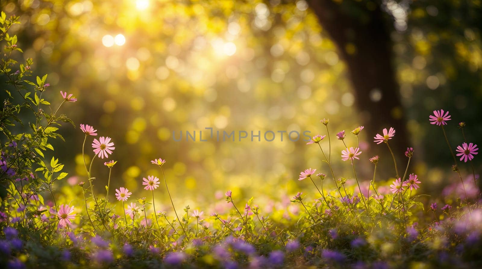 A sprawling field filled with an abundance of pink and purple flowers under a blue sky - Generative AI