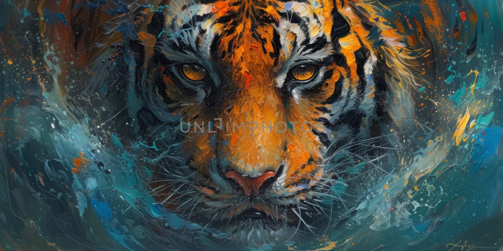 Painting of a tiger with oil technique. Wall art