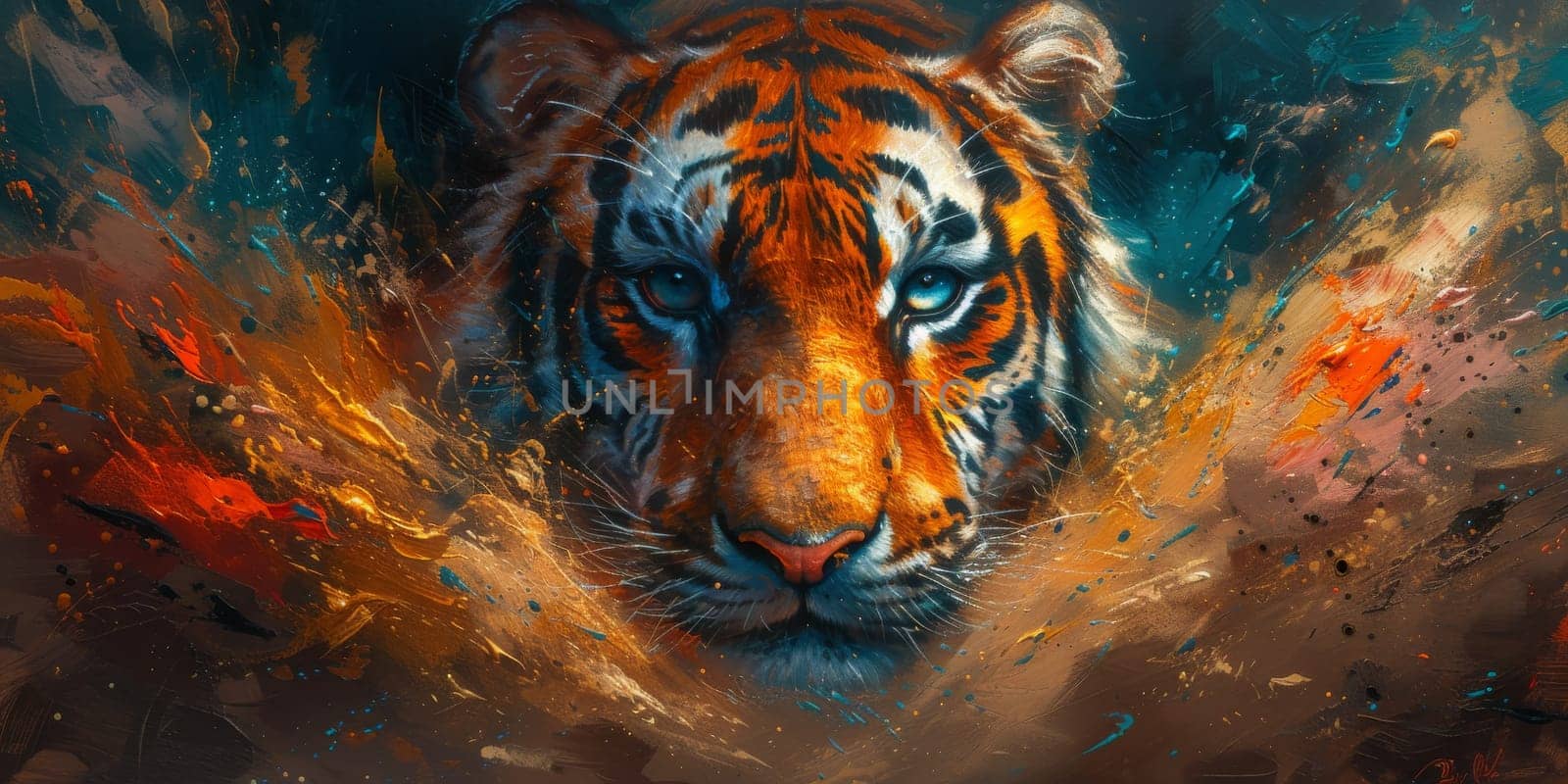 Painting of a tiger with oil technique. Wall art