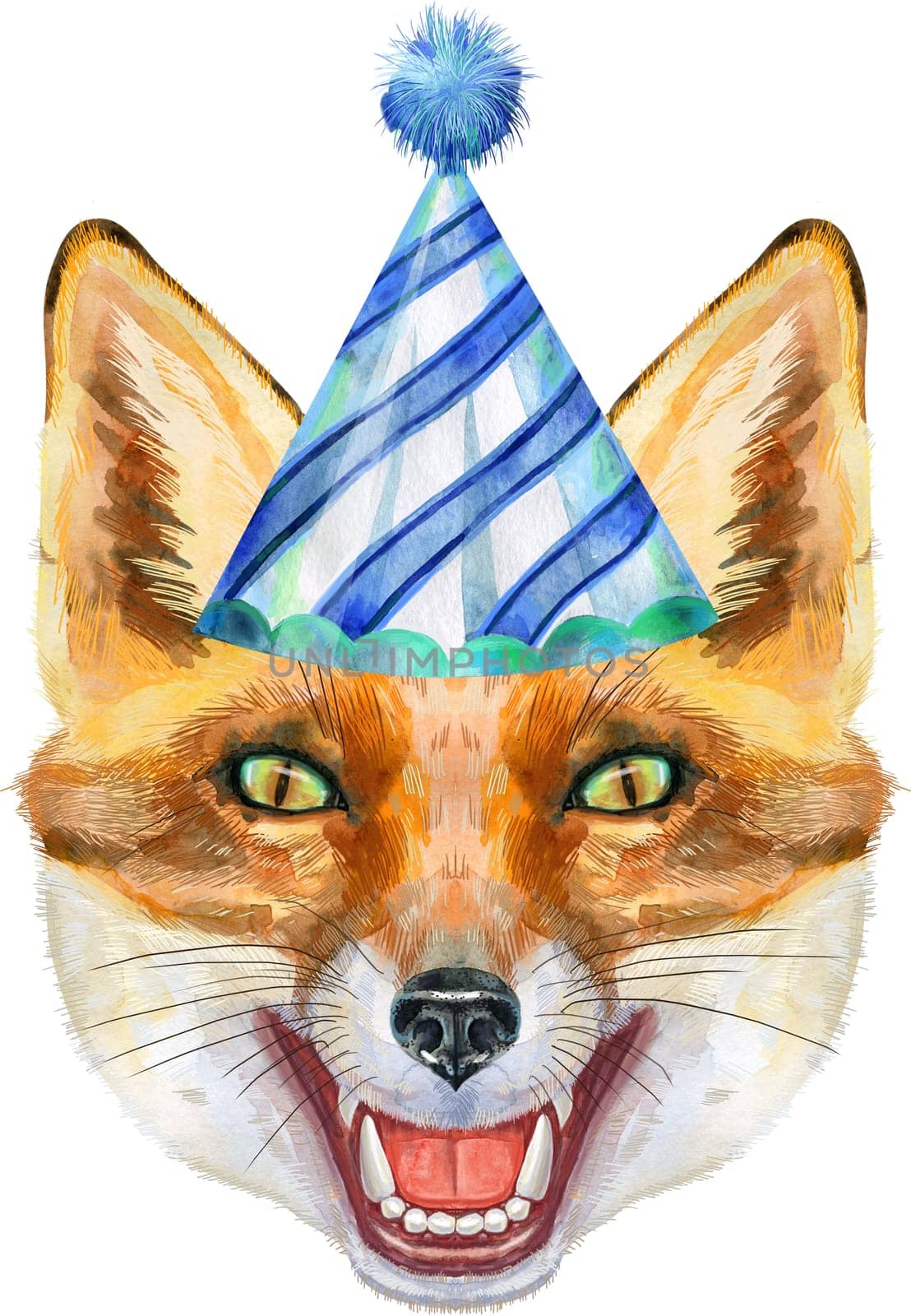 Fox portrait in party hat. Watercolor orange fox painting illustration. Beautiful wildlife world