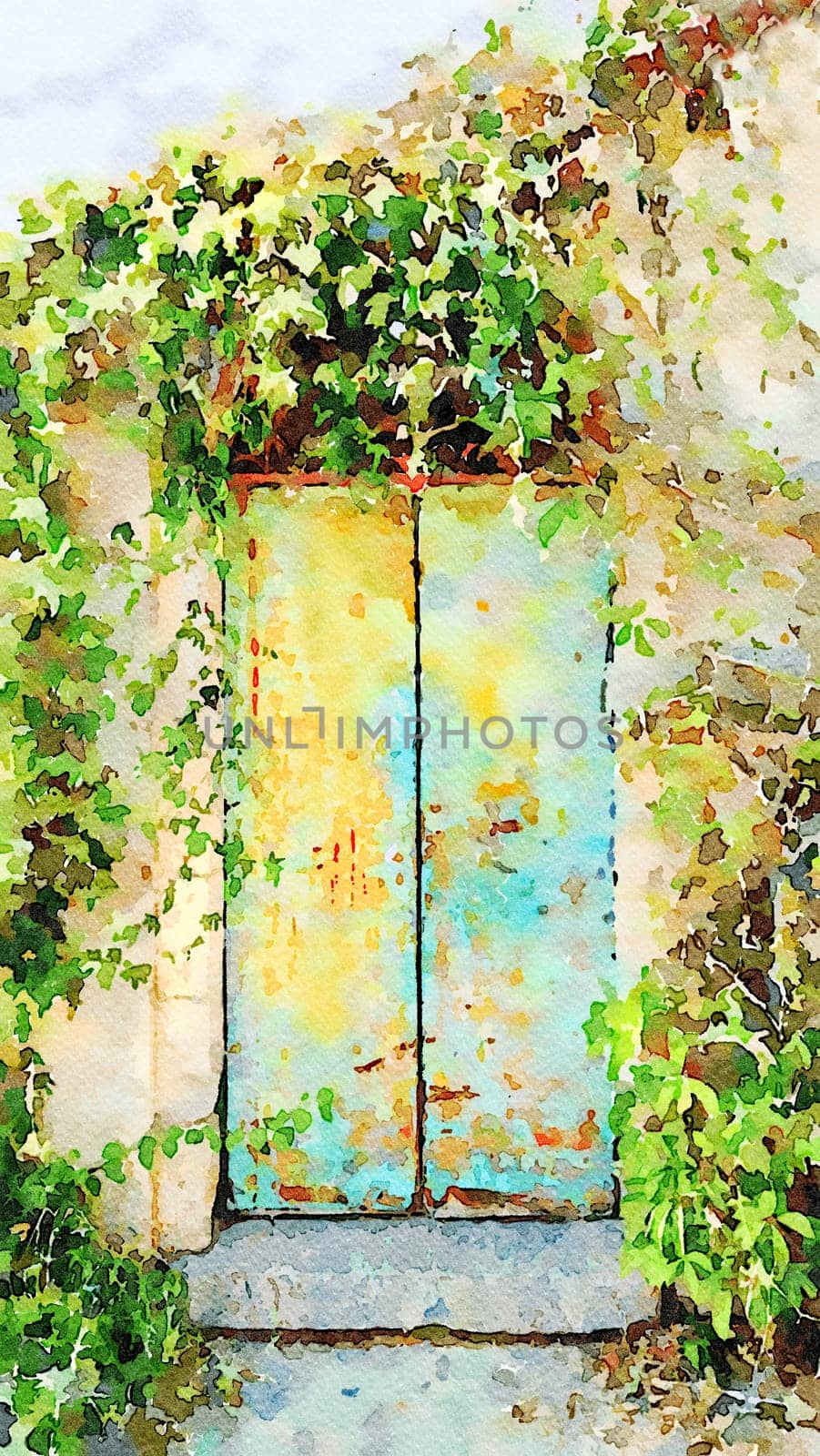 The entrance door with closed metal shutters of an ancient house in southern Europe.