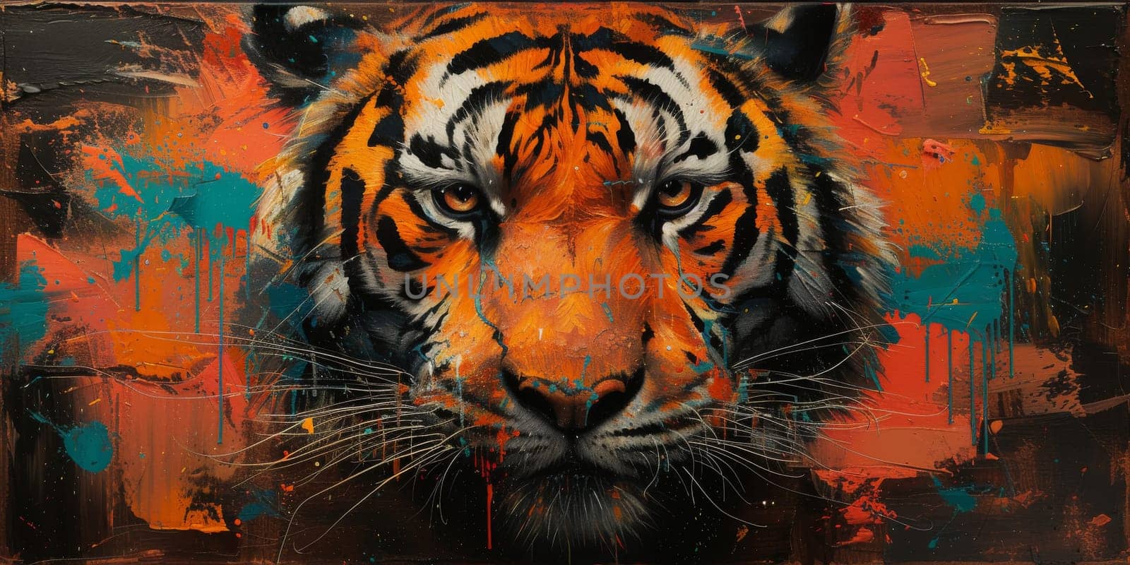 Painting of a tiger with oil technique. Wall art