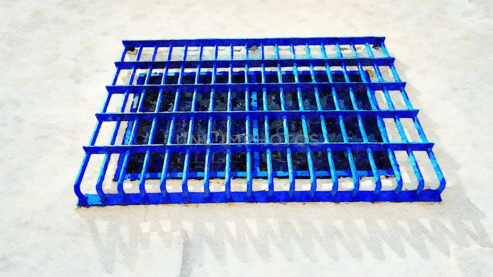 A blue window closed with anti-theft metal grate.