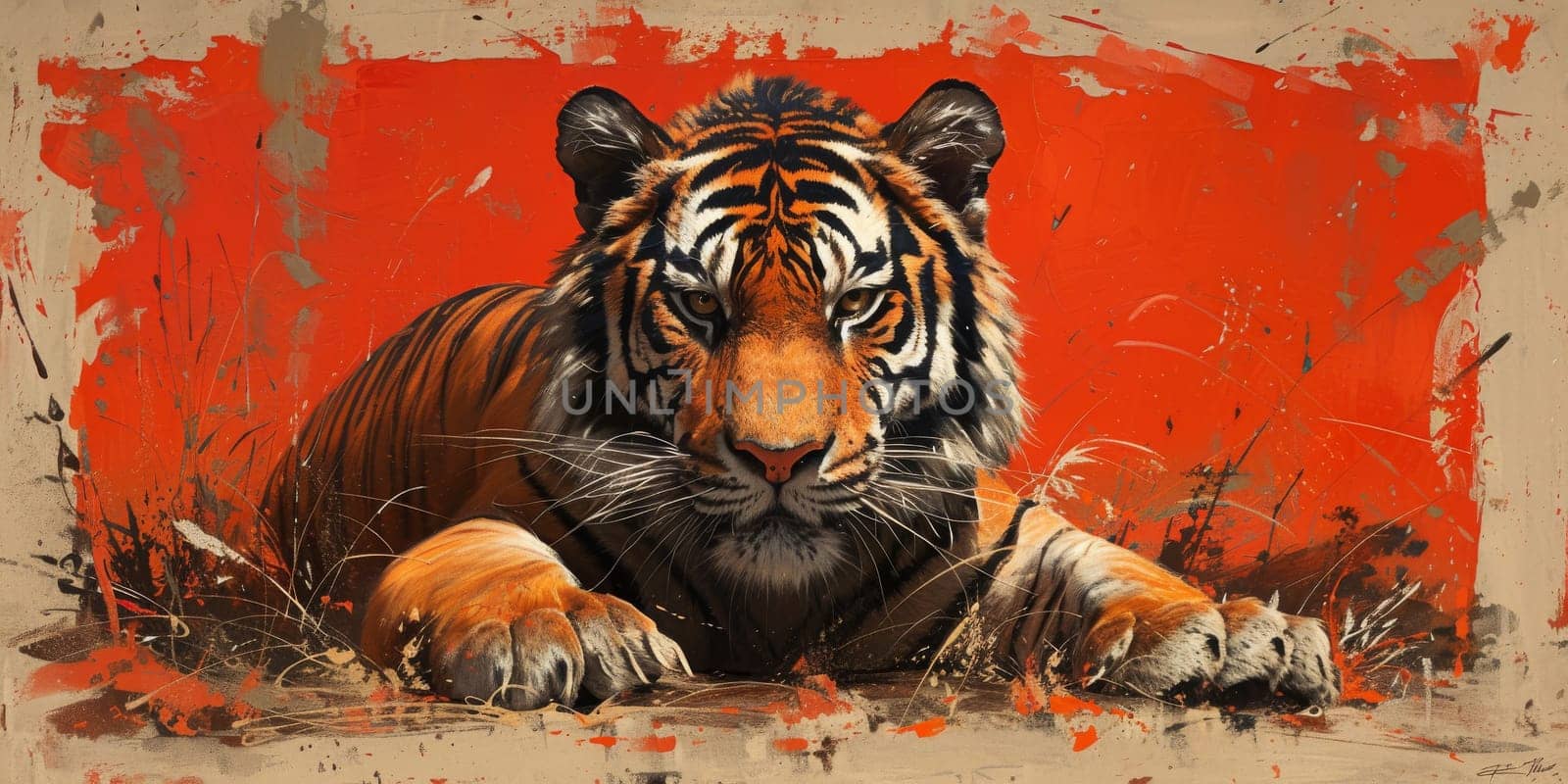 Painting of a tiger with oil technique. Wall art