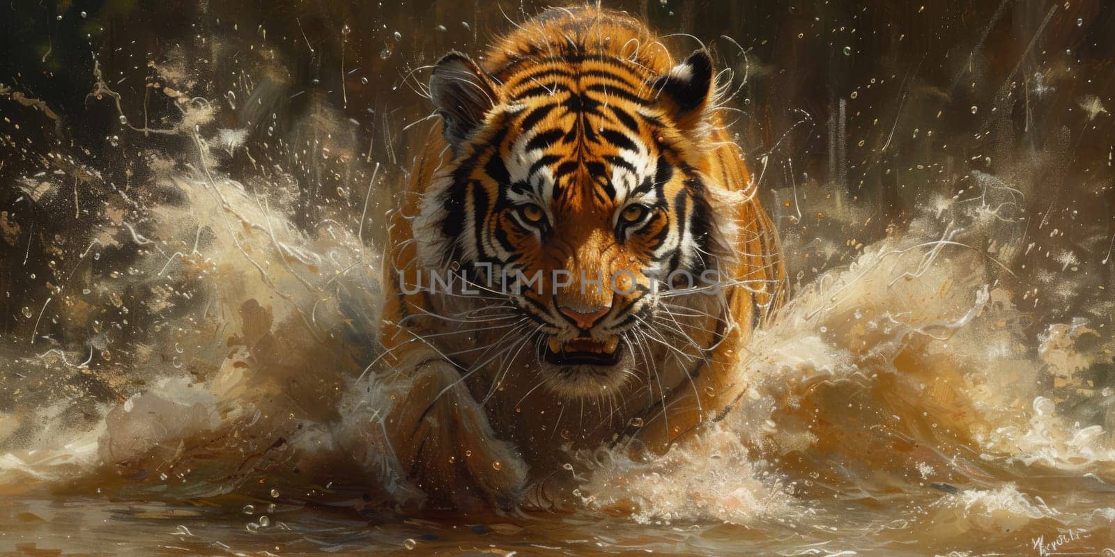 Painting of a tiger with oil technique. Wall art