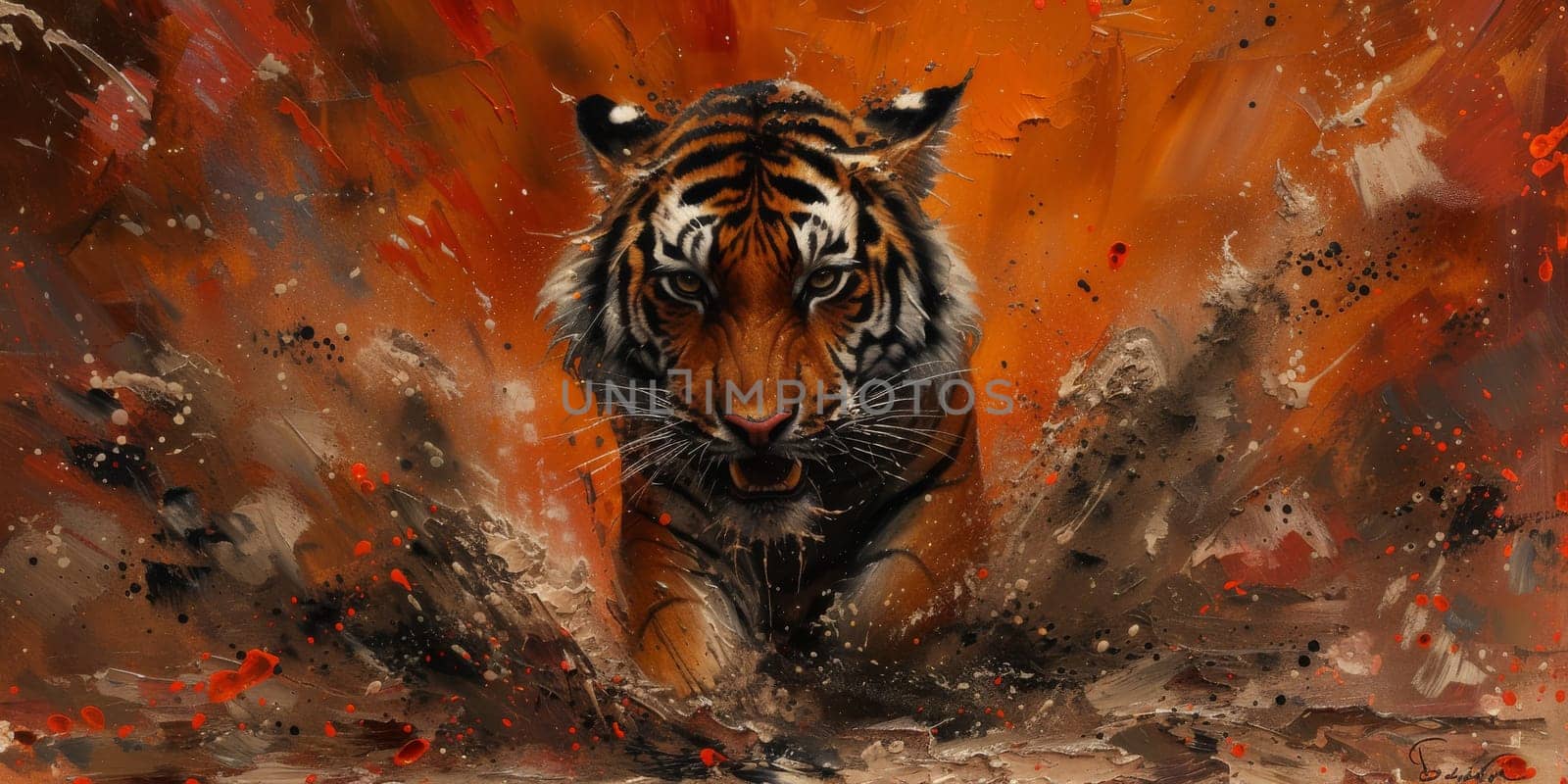 Painting of a tiger with oil technique. Wall art