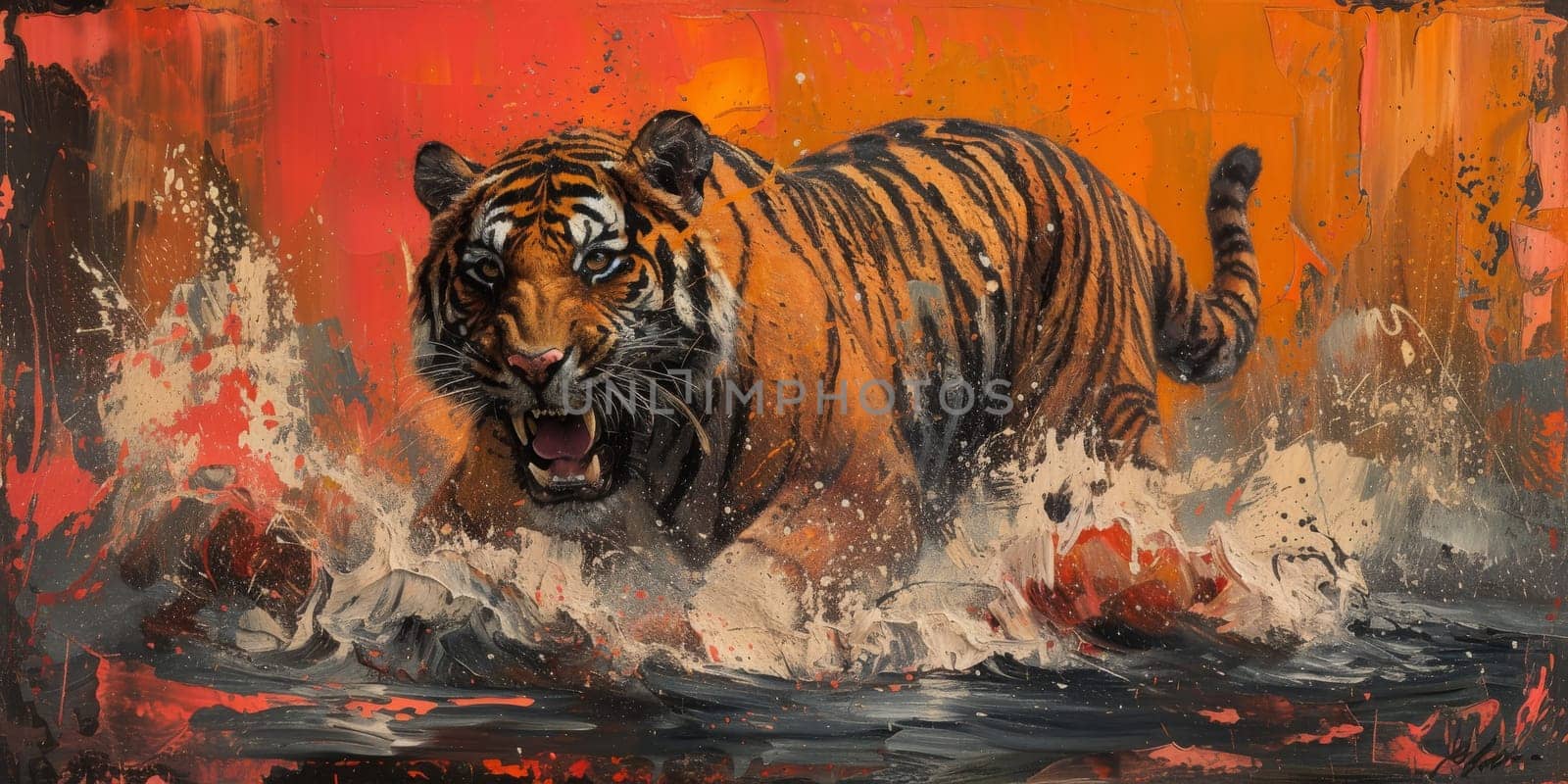 Painting of a tiger with oil technique. Wall art