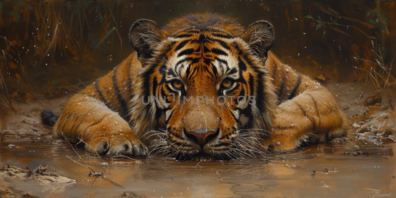 Painting of a tiger with oil technique. Wall art