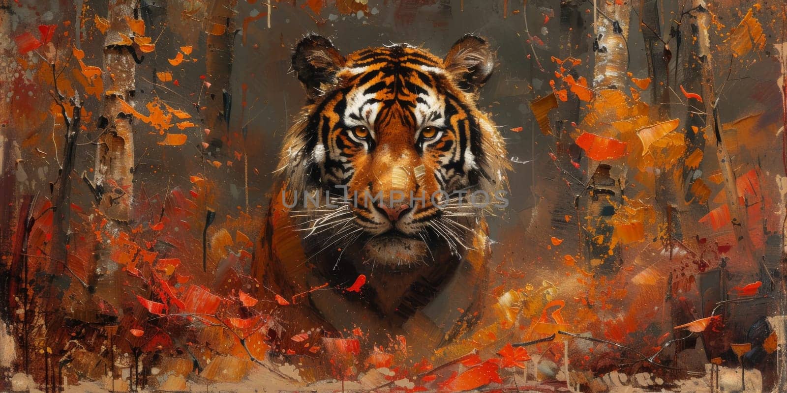 Painting of a tiger with oil technique. Wall art