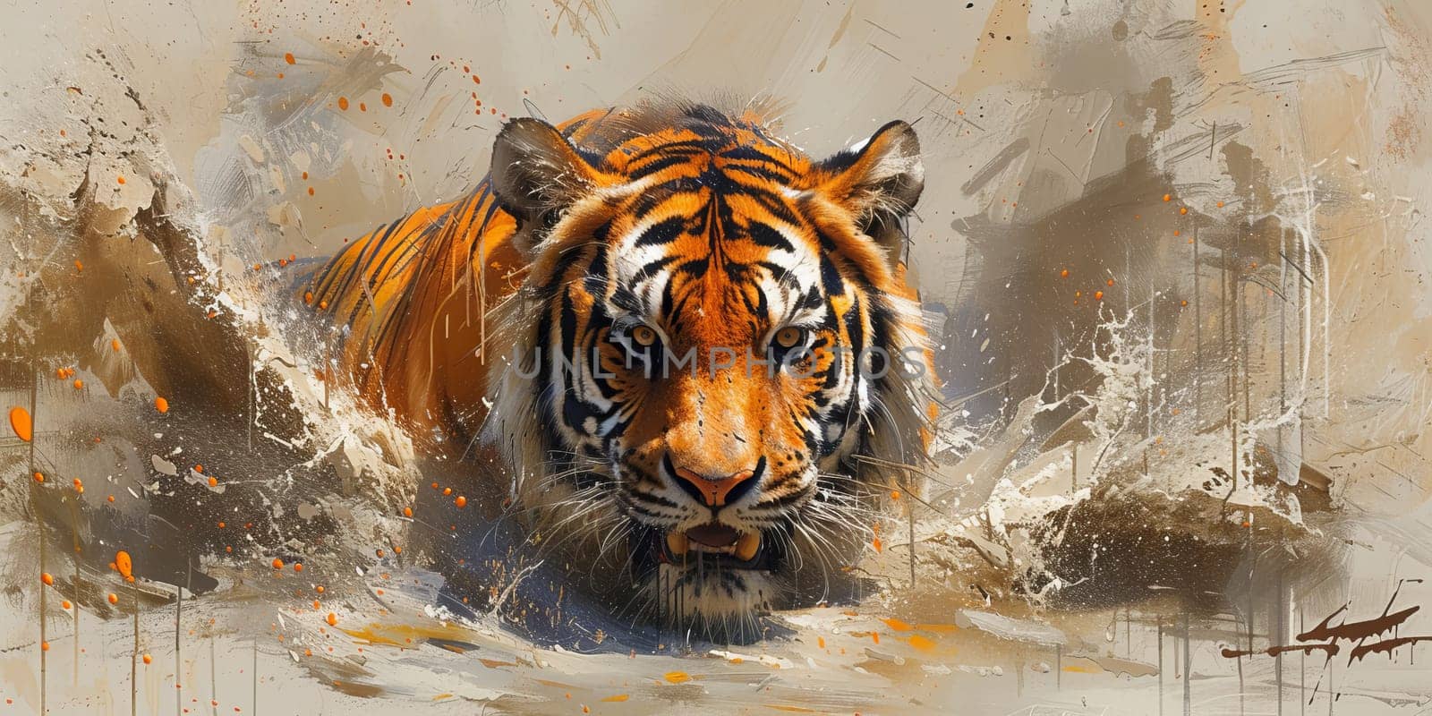 Painting of a tiger with oil technique. Wall art