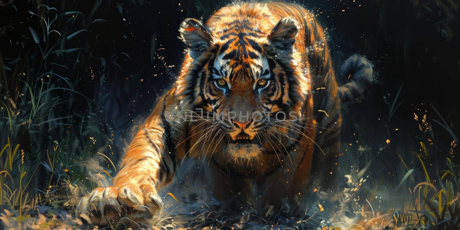 Painting of a tiger with oil technique. Wall art