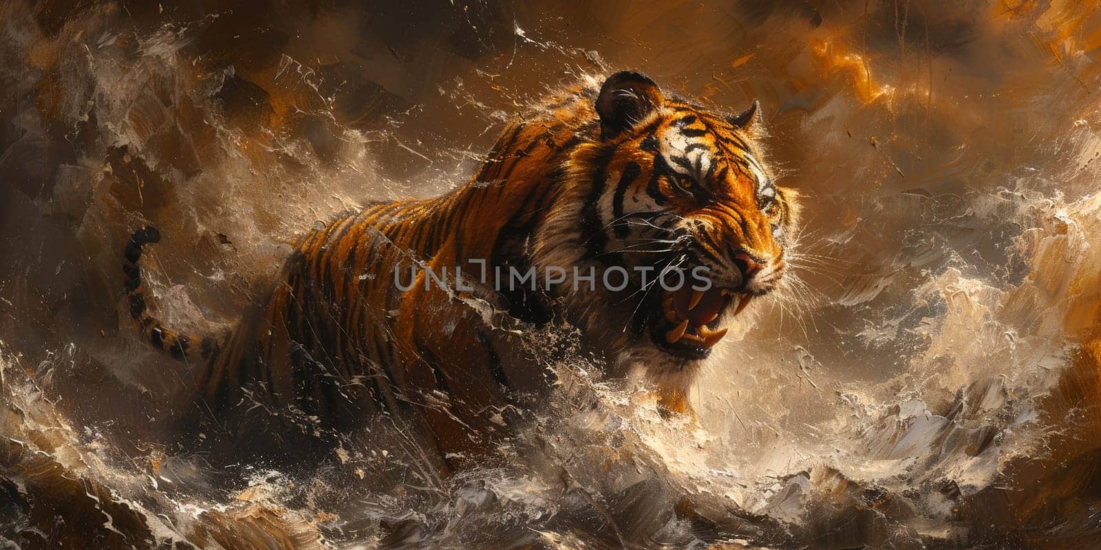 Painting of a tiger with oil technique. Wall art