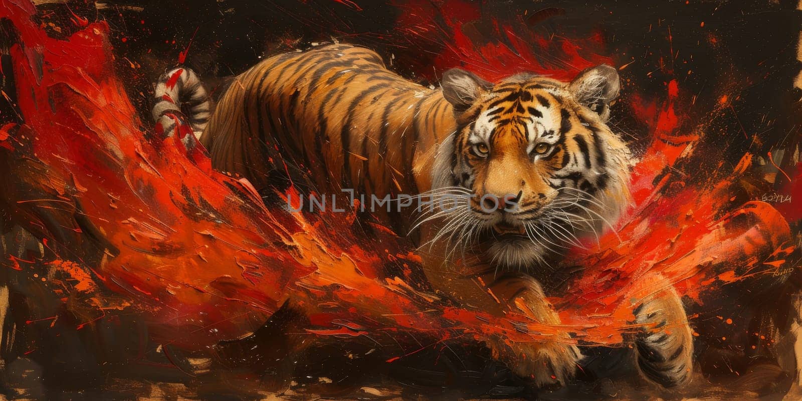 Painting of a tiger with oil technique. Wall art