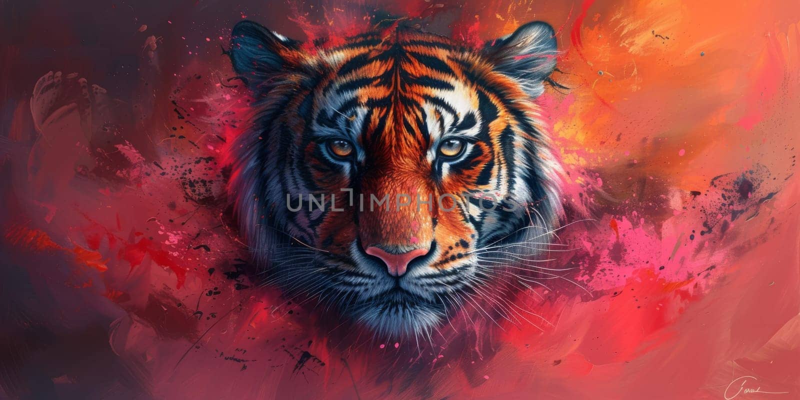 Painting of a tiger with oil technique. Wall art