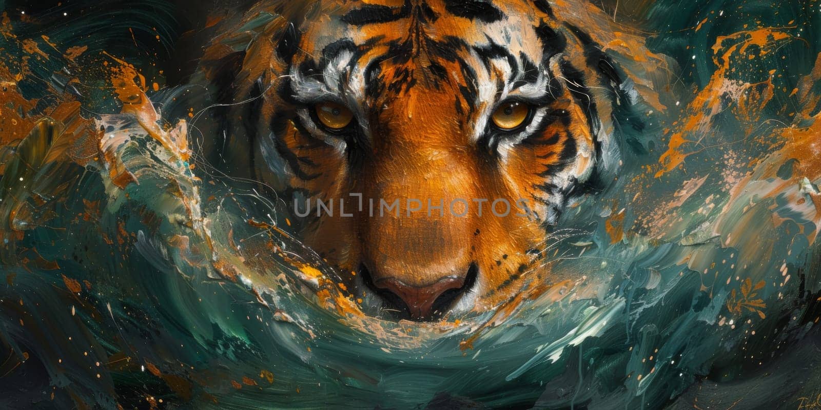 Painting of a tiger with oil technique. Wall art