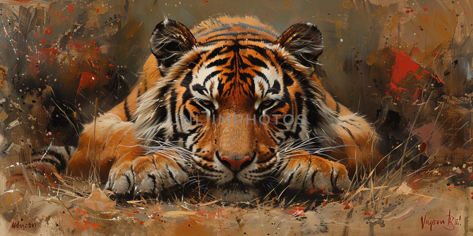 Painting of a tiger with oil technique. Wall art