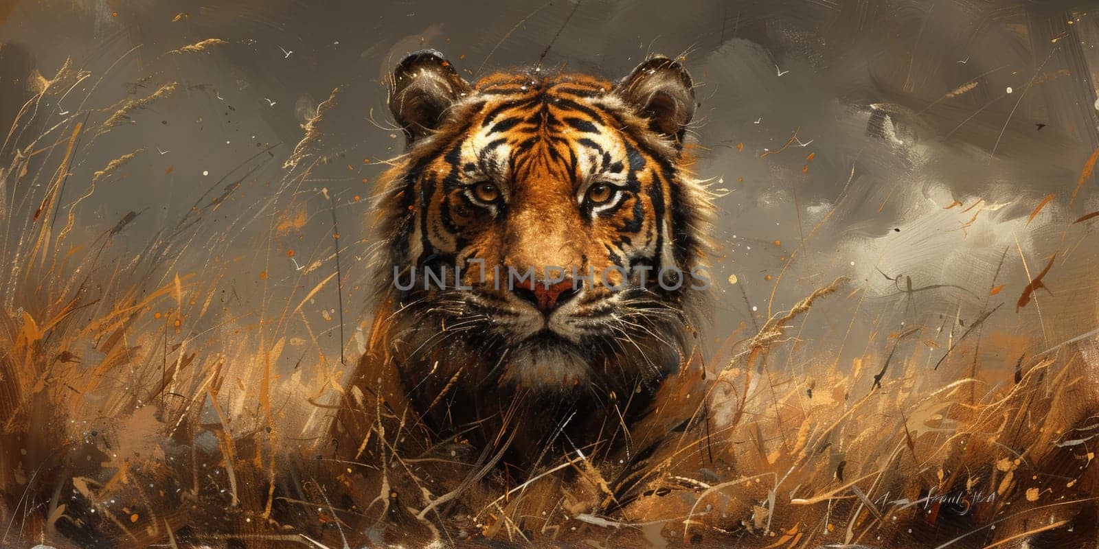 Painting of a tiger with oil technique. Wall art