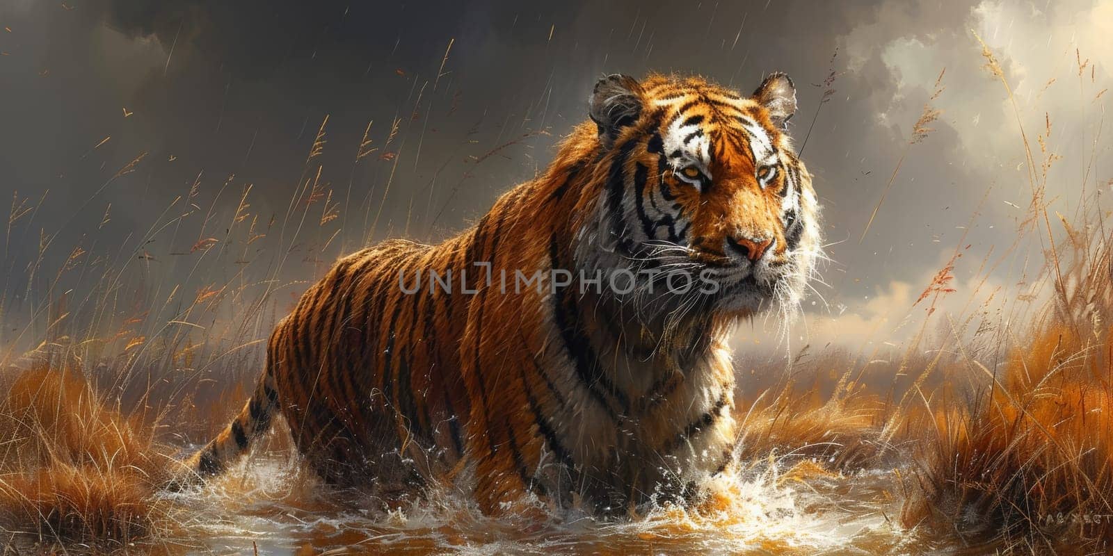 Painting of a tiger with oil technique. Wall art