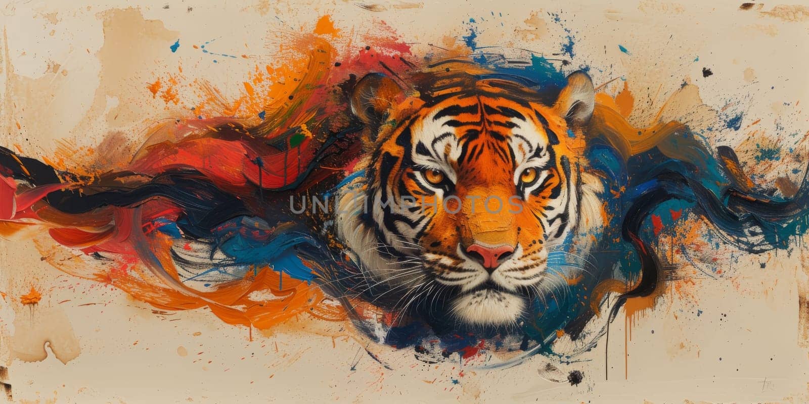 Painting of a tiger with oil technique. Wall art