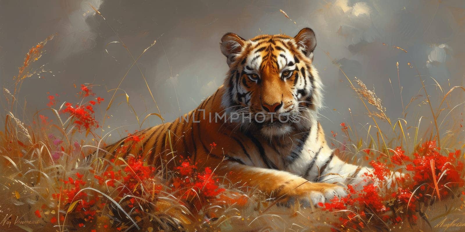 Painting of a tiger with oil technique. Wall art