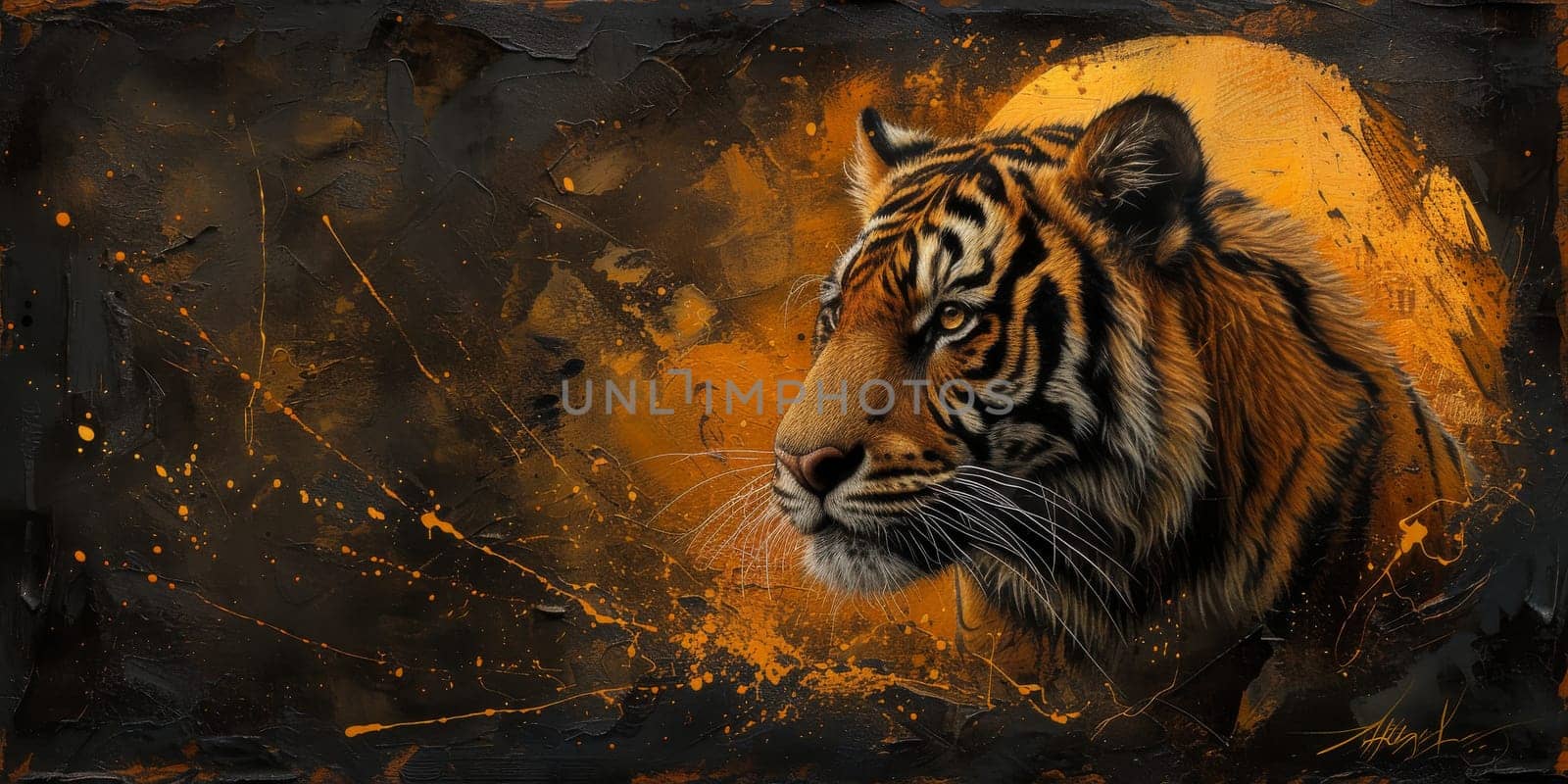 Painting of a tiger with oil technique. Wall art