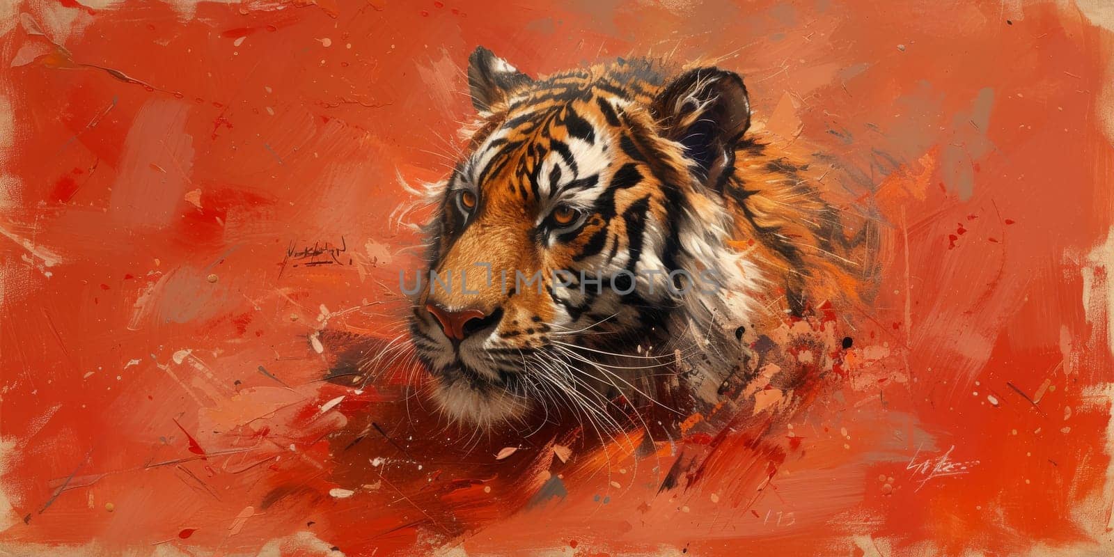 Painting of a tiger with oil technique. Wall art