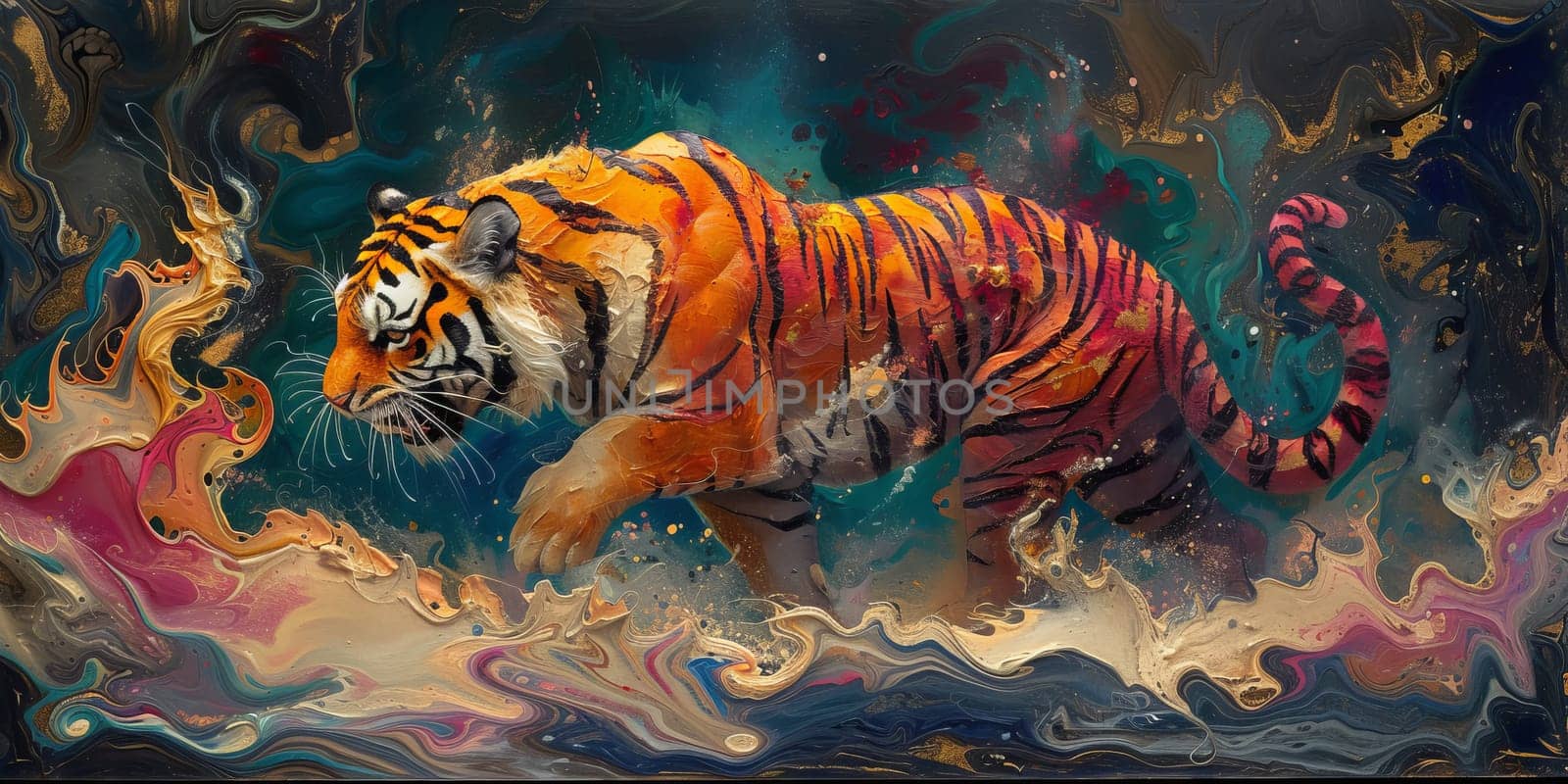 Painting of a tiger with oil technique. Wall art