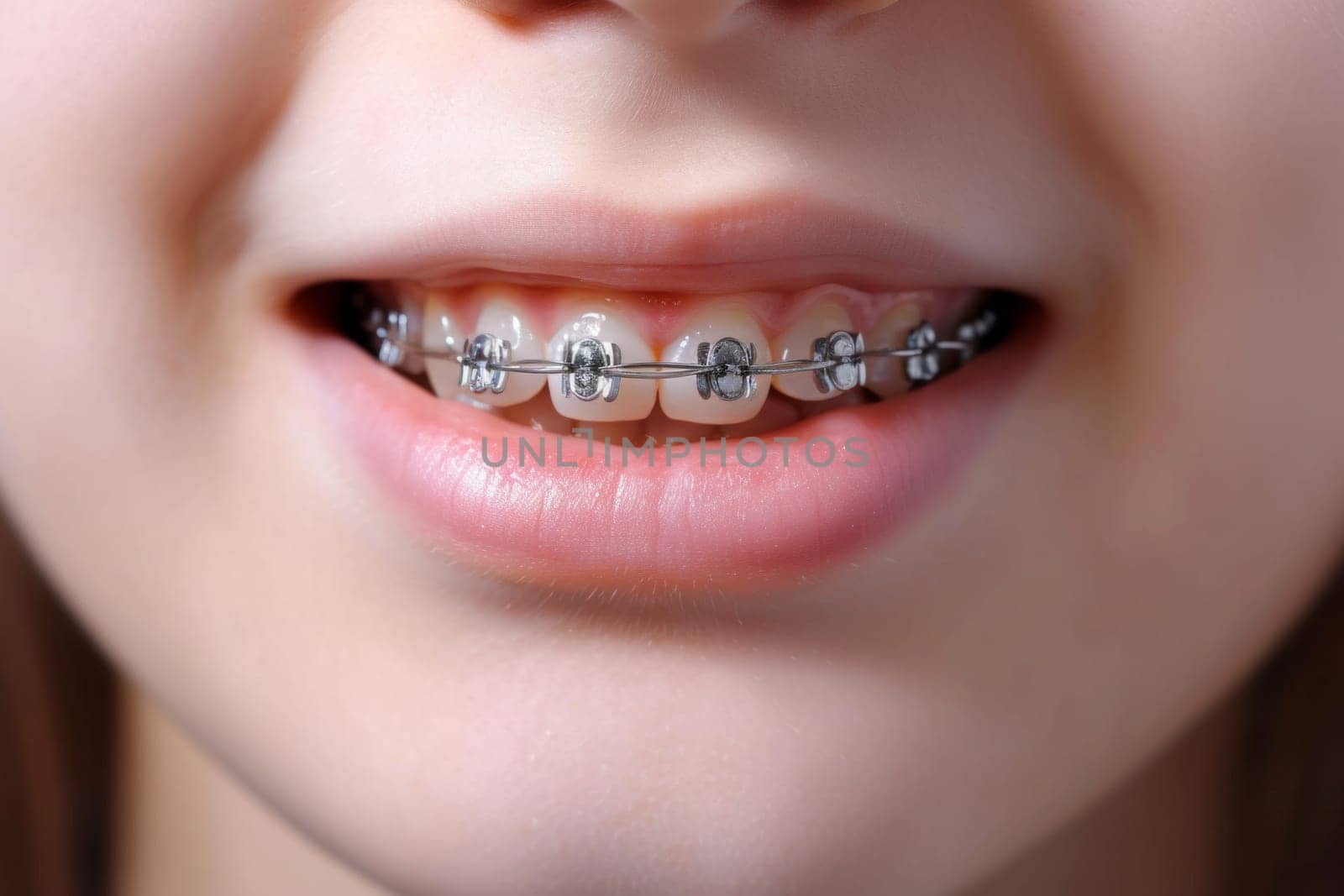 Frontal view of a woman mouth with braces. Close up image, unrecognizable person by papatonic
