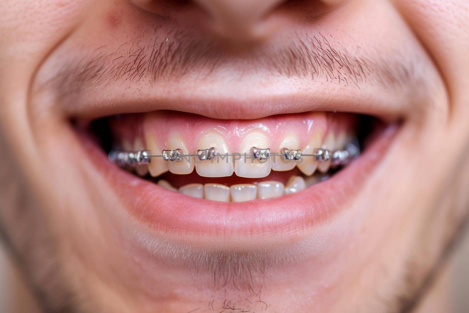Young adult man wearing dental braces. Braces examination concept.