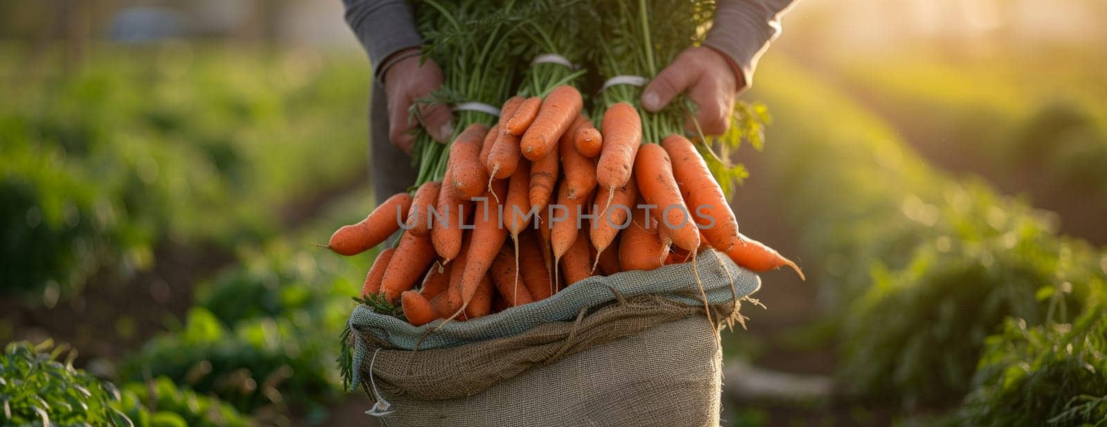 Close up of orchard worker with a harvest bag full of carrots in orchards. Unrecognizable person by papatonic