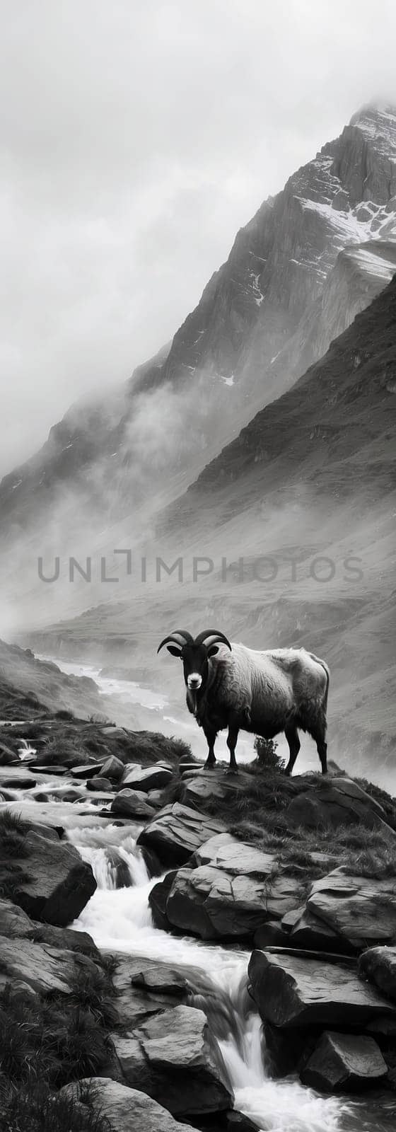 Mountain sheep black and white photo. AI generated