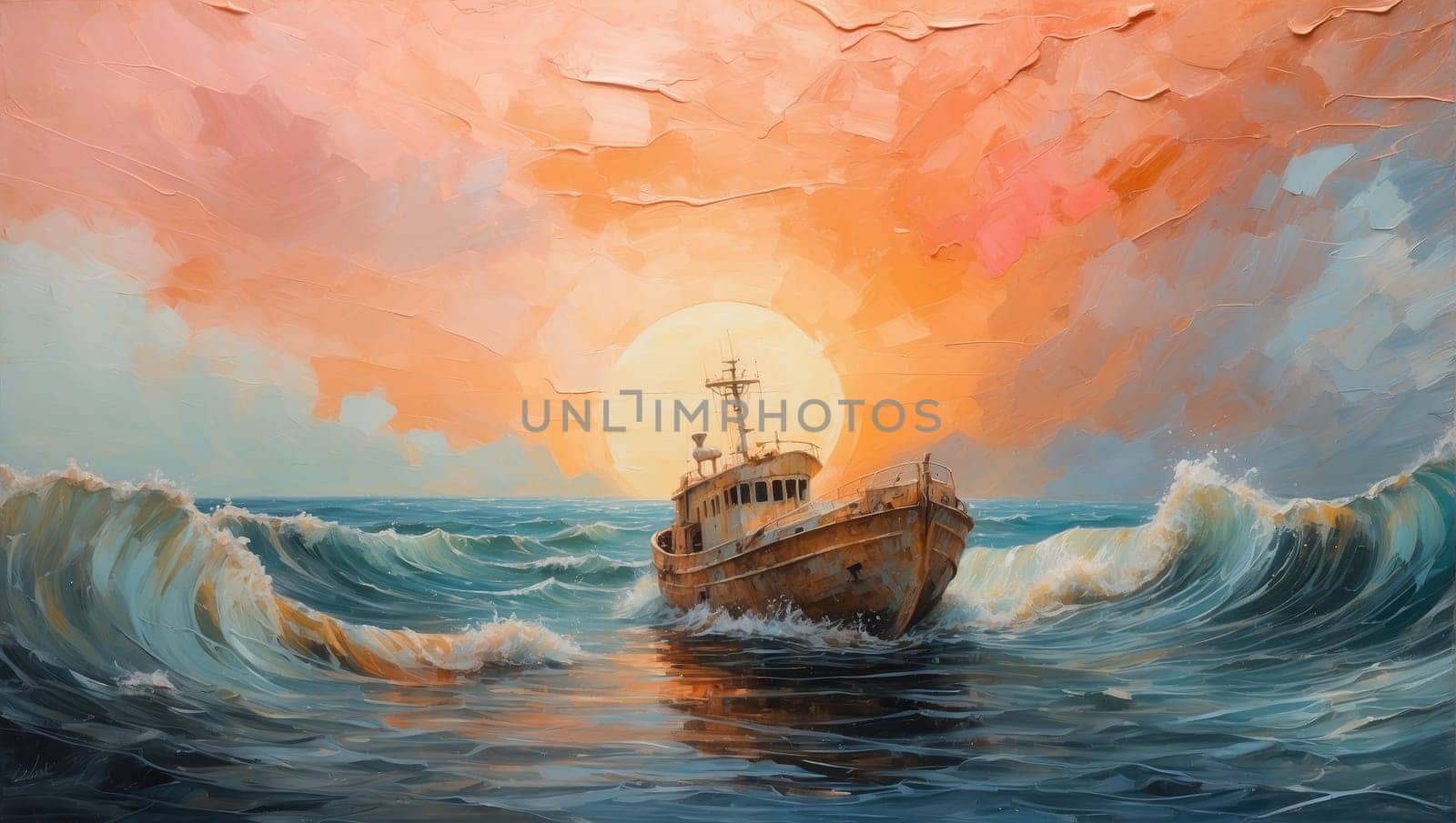 Ship in a storm, painted in watercolor by applesstock