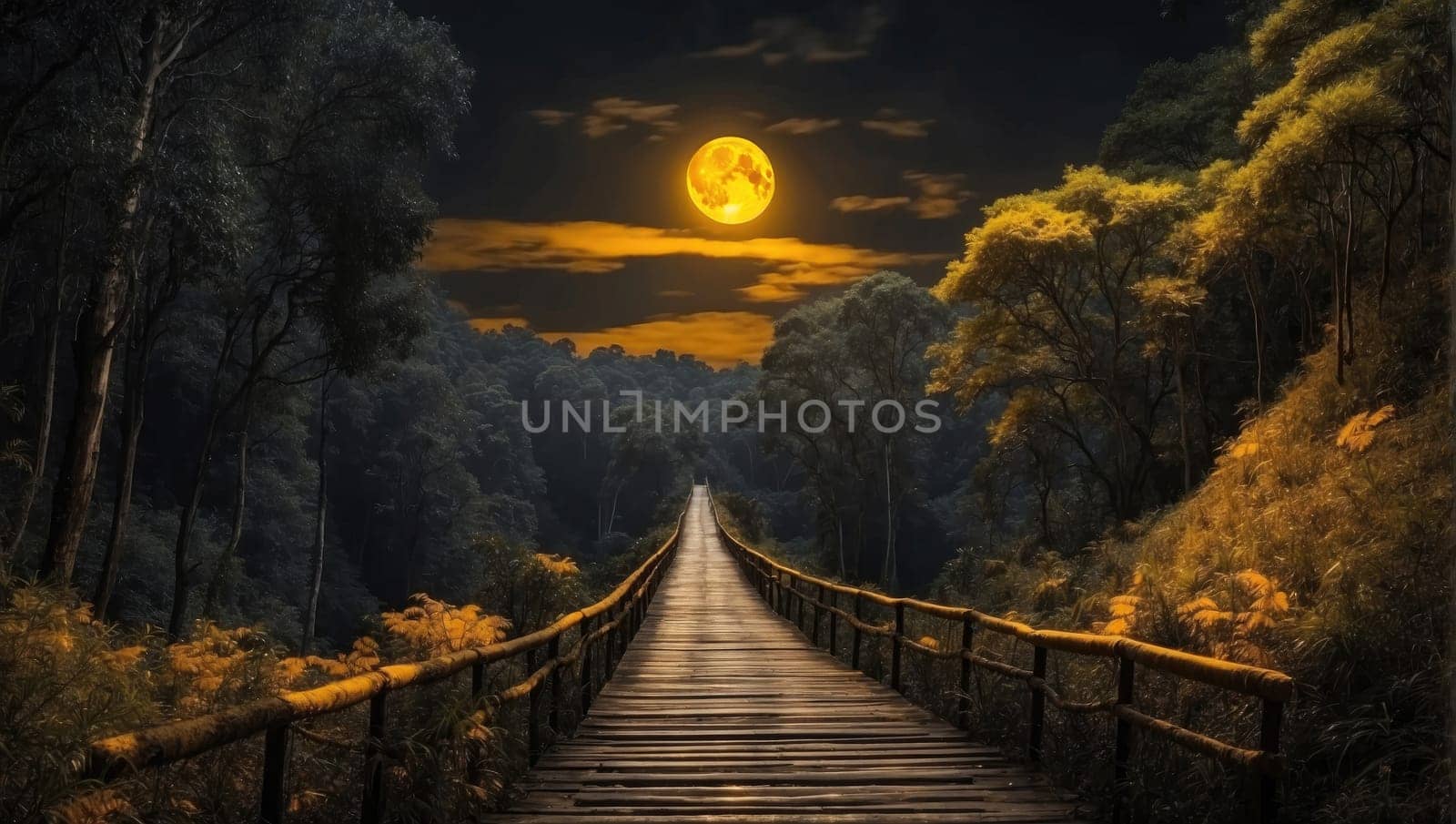 Bridge in the night forest. AI generated