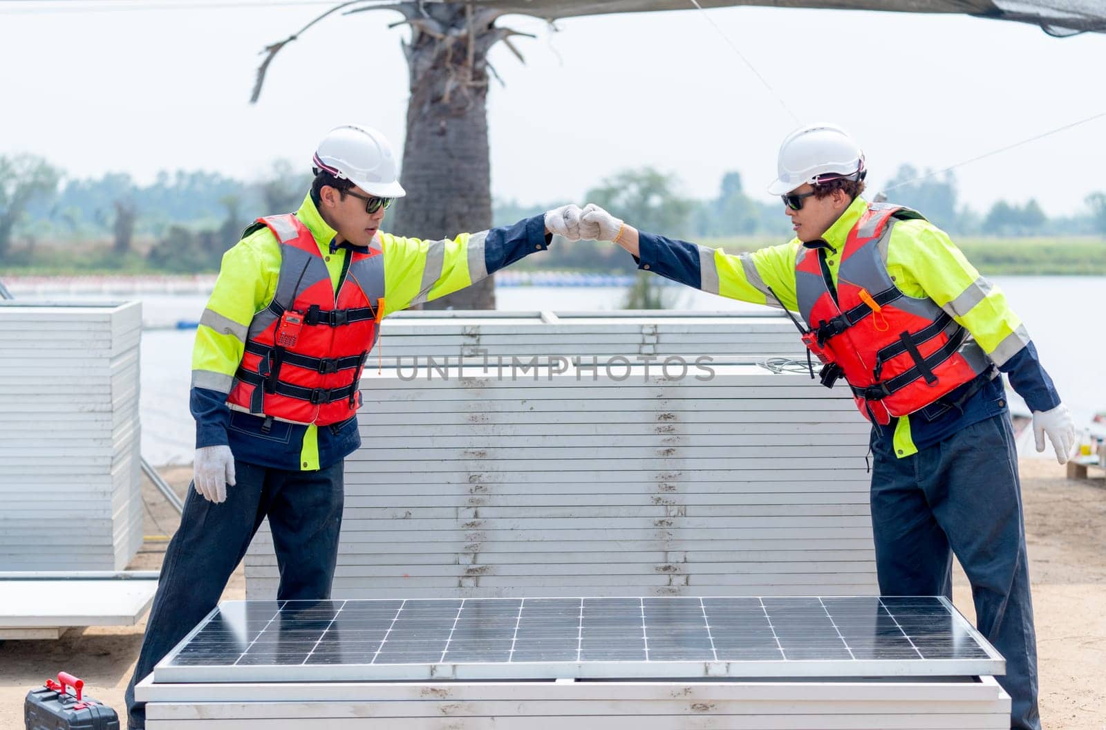 Two Asian technician worker stand beside solar cell panel and show hands bump to each other in concept of green energy system and success of work. by nrradmin