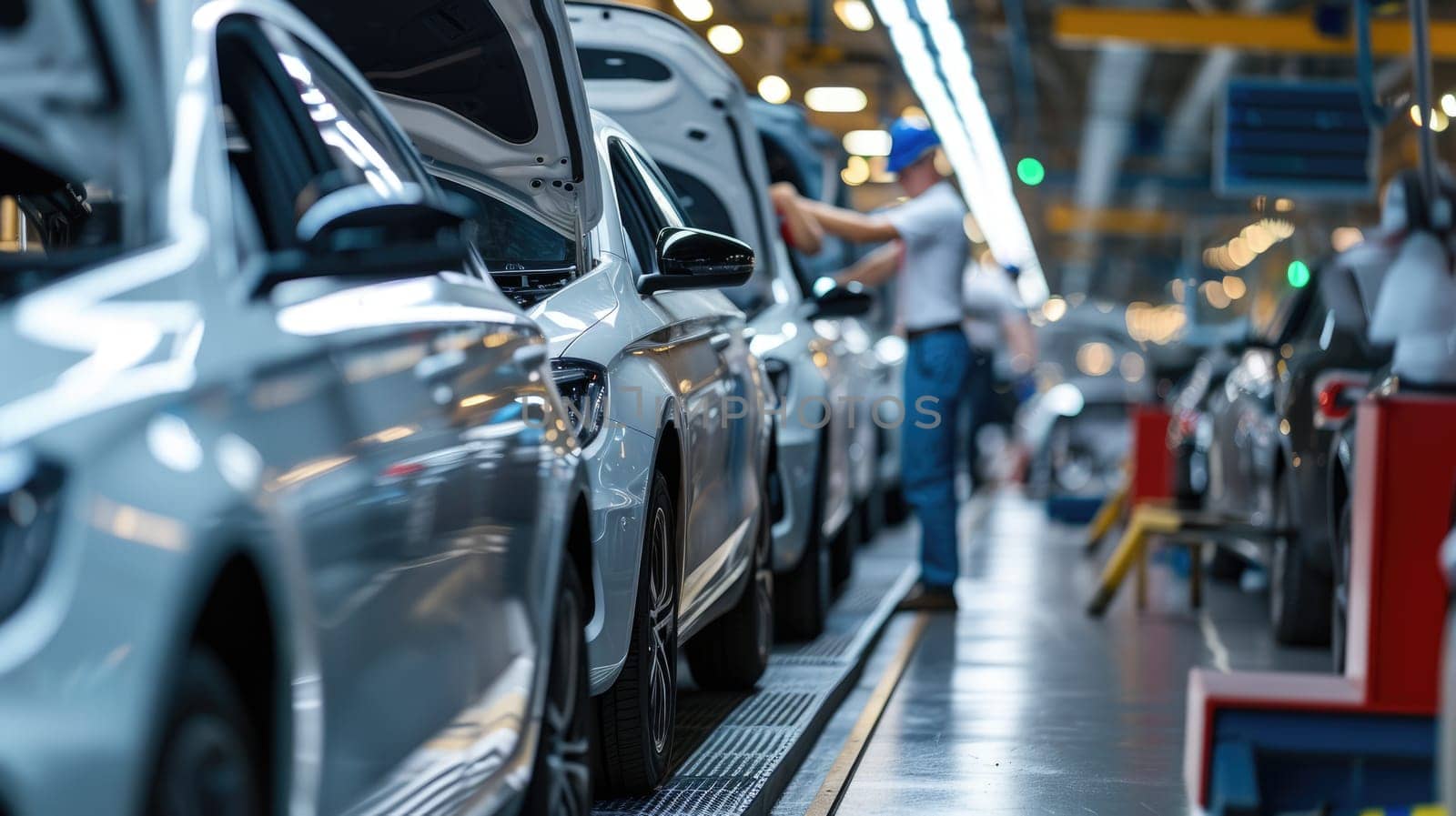 A man is busy working on a car in a factory, inspecting tires, wheels, and automotive lighting for the vehicle's assembly. AIG41