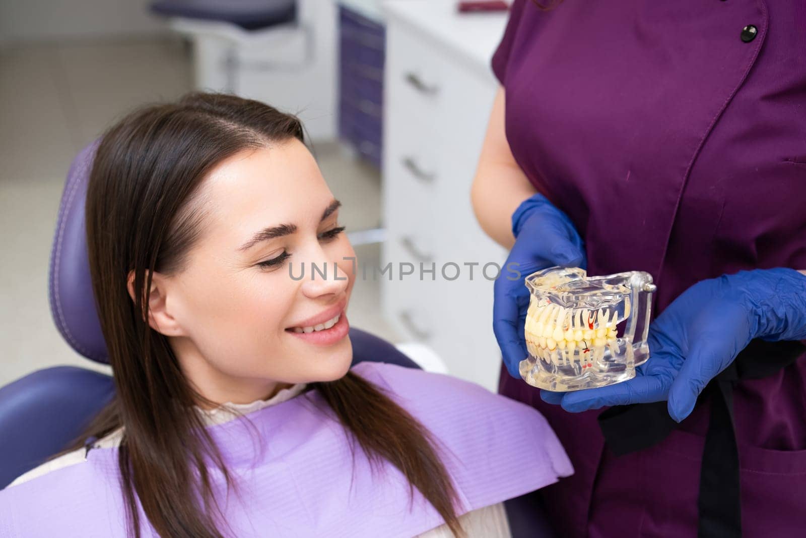 Orthodontist explains the procedure of alignment using a jaw layout by vladimka