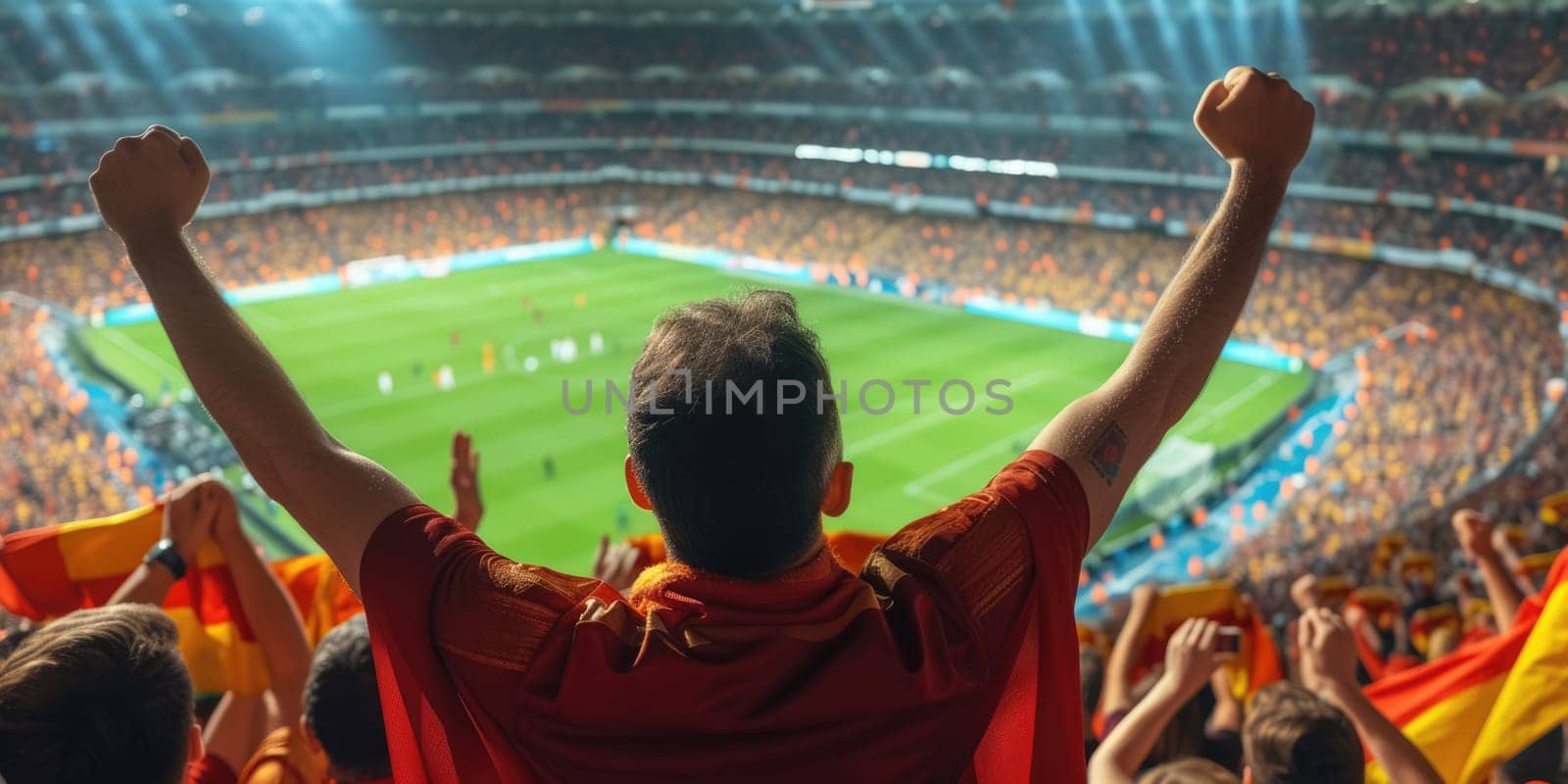 A group of soccer fans at a sports event, standing in a stadium with arms raised in a gesture of leisure and entertainment, engaged in a thrilling football competition. AIG41