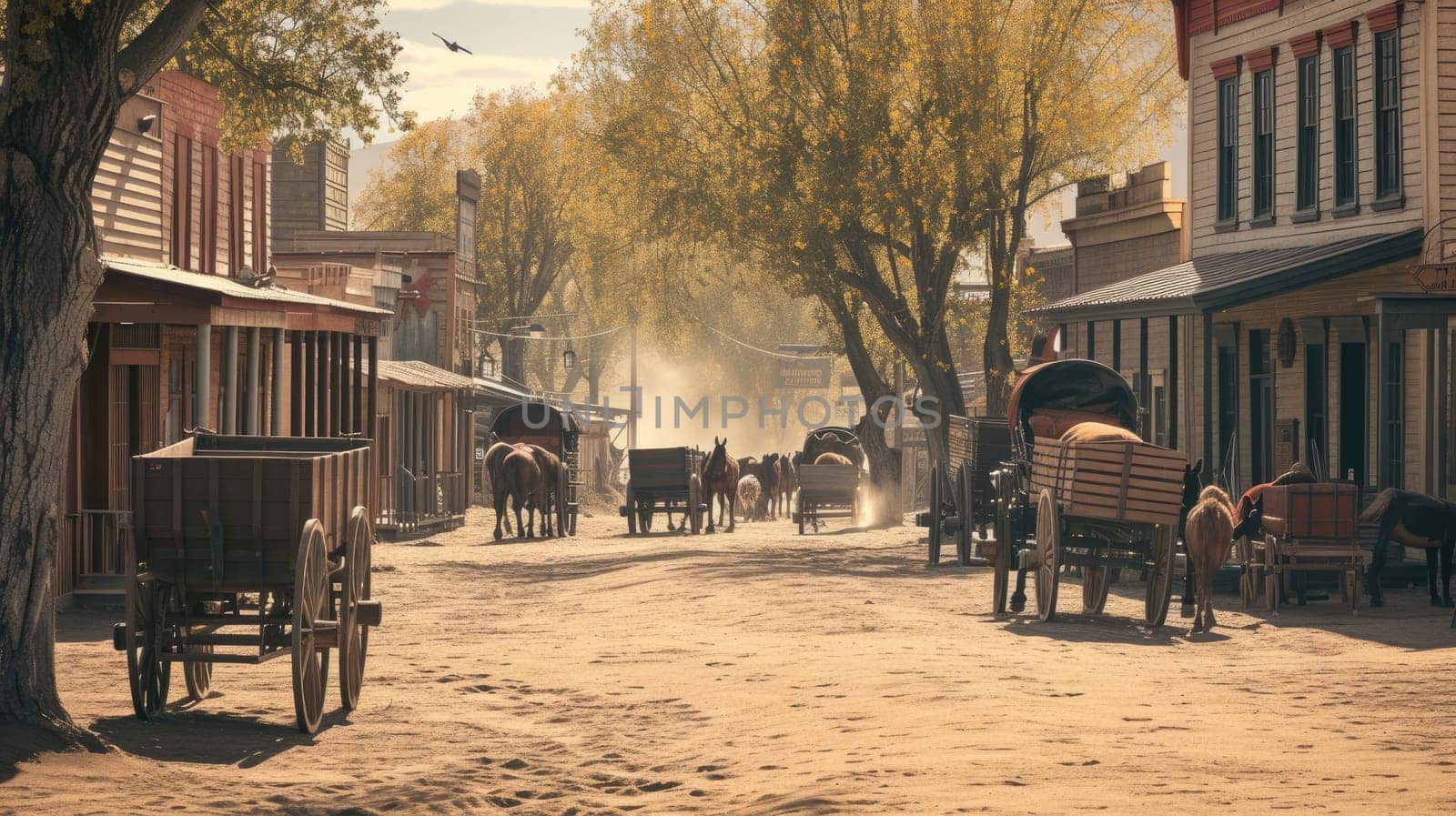 A captivating scene of a Western town at sunset, featuring horse-drawn carriages and vintage storefronts bathed in a dusty golden light. Resplendent.