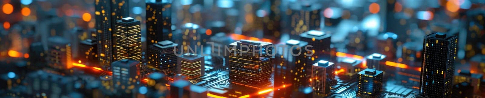 A conceptual visualization of a smart city with glowing structures on a digital circuit board, symbolizing urban technology integration concept. AIG41