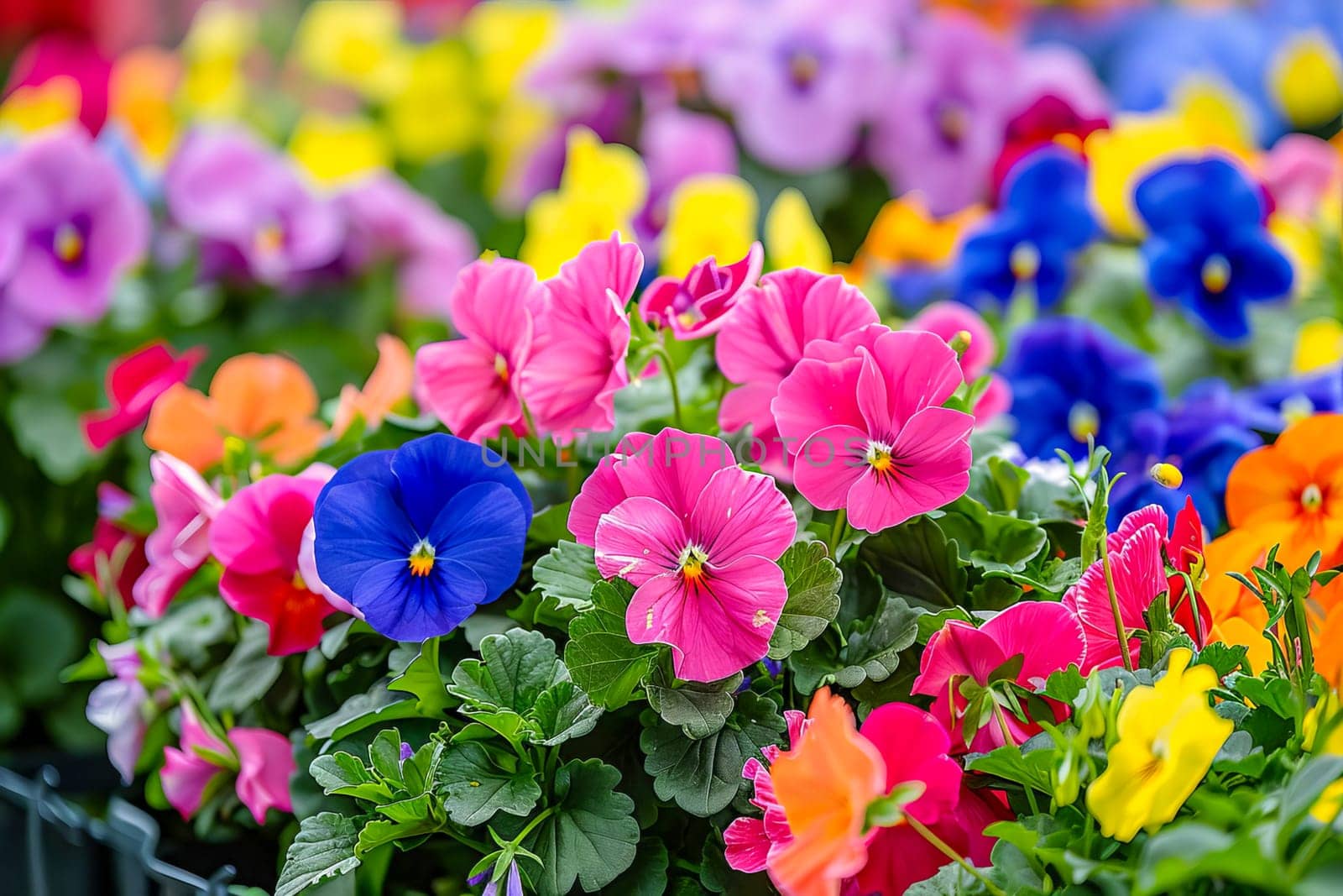 Beautiful blooming flowers in a container. The concept of spring, summer, beauty in nature.