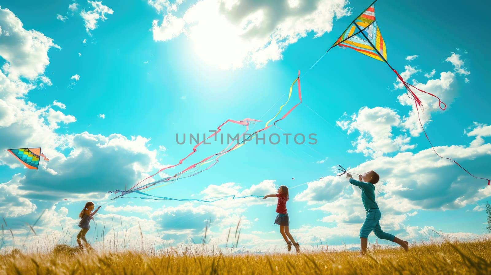 Kite flying in blue sky, cloud-filled atmosphere, over natural landscape AIG41 by biancoblue