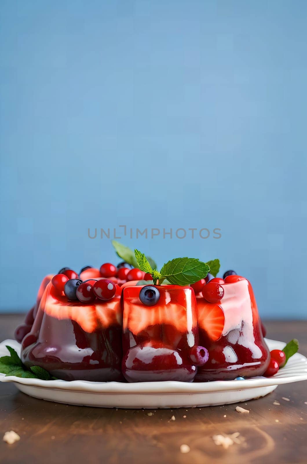 fruit cake with jelly, filled with berries, on a blue background. AI generated image.