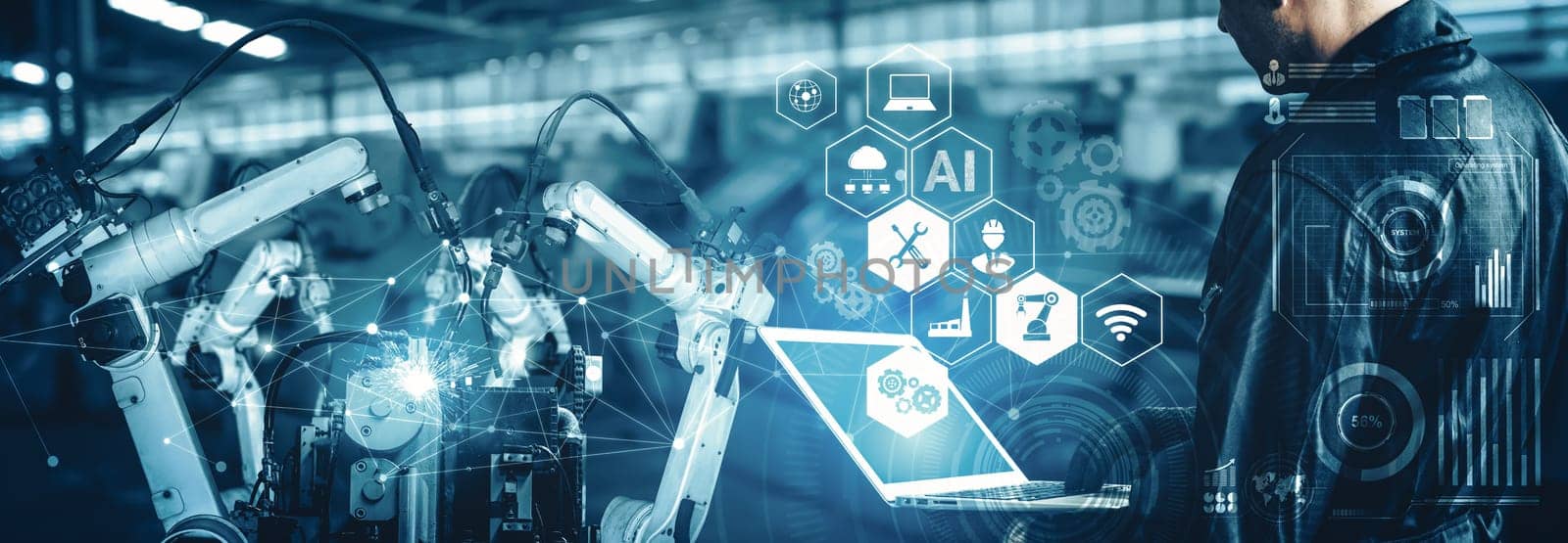 XAI Smart industry robot arms for digital factory production technology showing automation manufacturing process of the Industry 4.0 or 4th industrial revolution and IOT software to control operation.