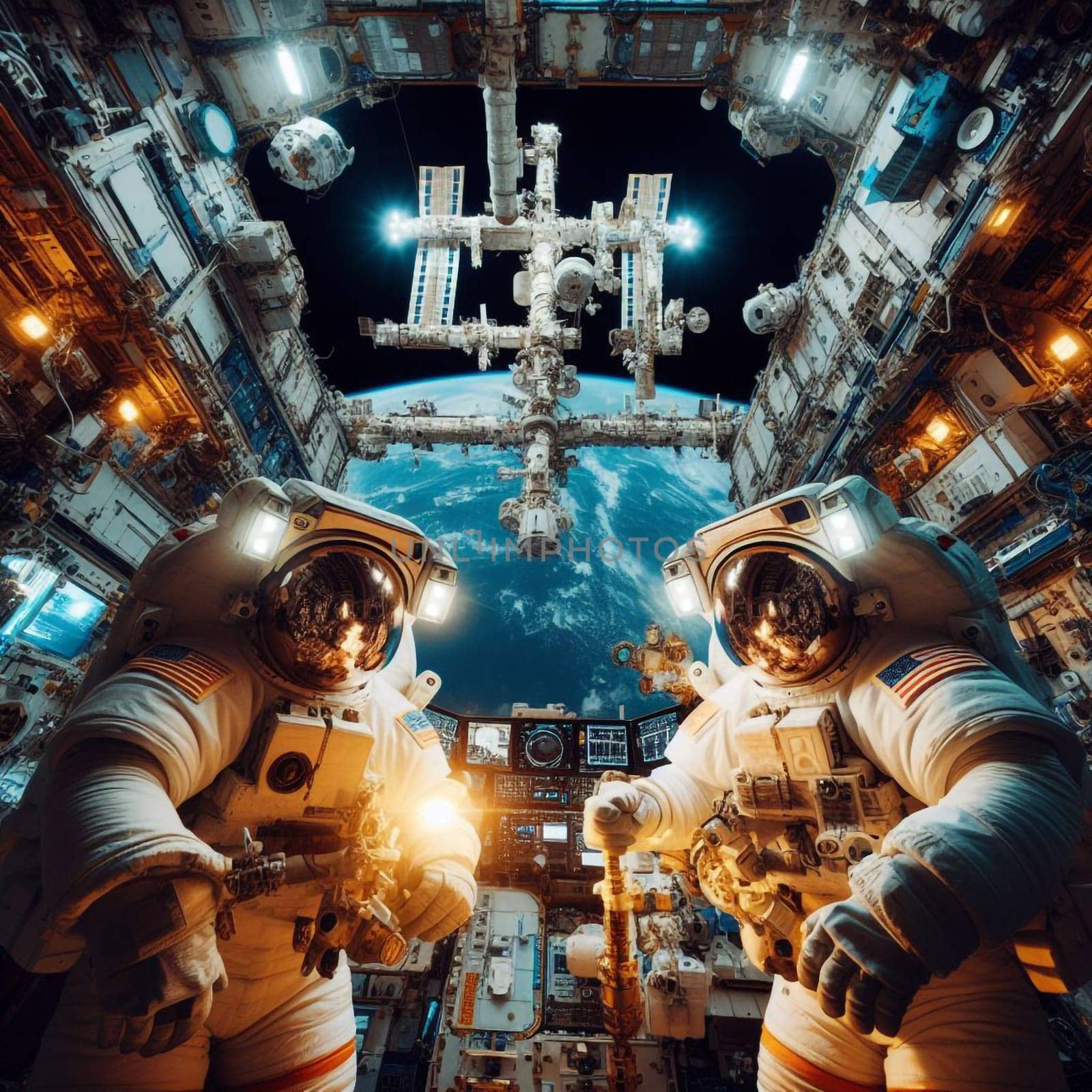 Two Astronauts in Spacesuits on an Space Station. Space Travel and Solar System Colonization Concept