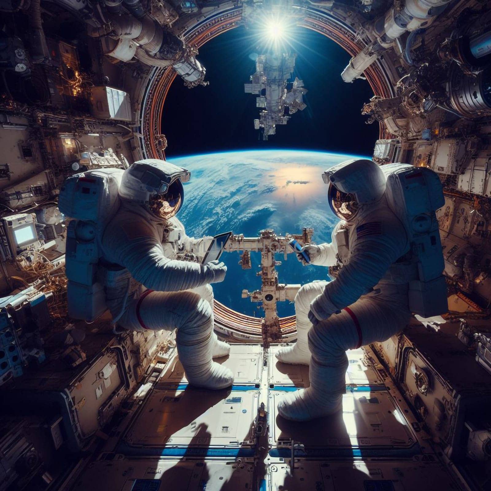 Two Astronauts in Spacesuits on an Space Station. Space Travel and Solar System Colonization Concept. by sarymsakov