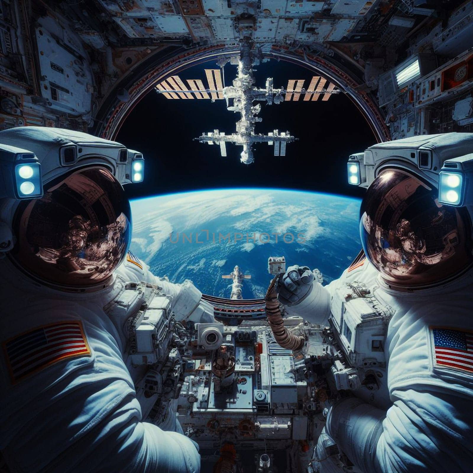 Two astronauts using control panel while orbiting around a planet in a spaceship.