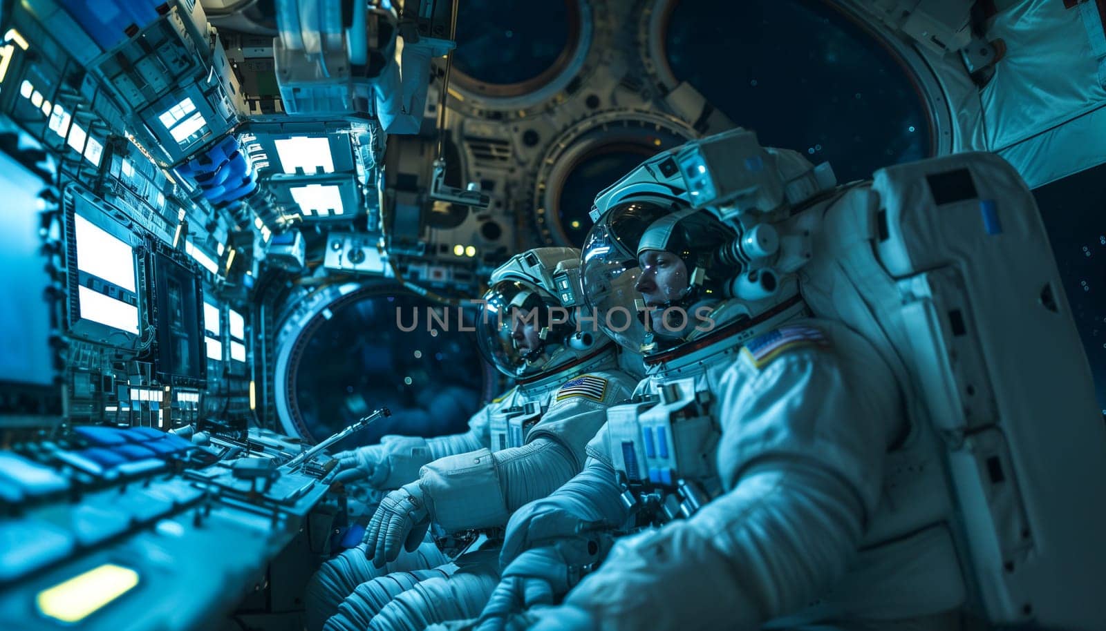 Two astronauts using control panel while orbiting around a planet in a spaceship by sarymsakov