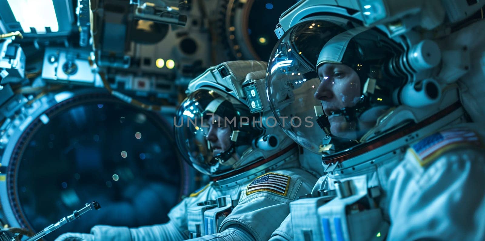 Two astronauts using control panel while orbiting around a planet in a spaceship. by sarymsakov